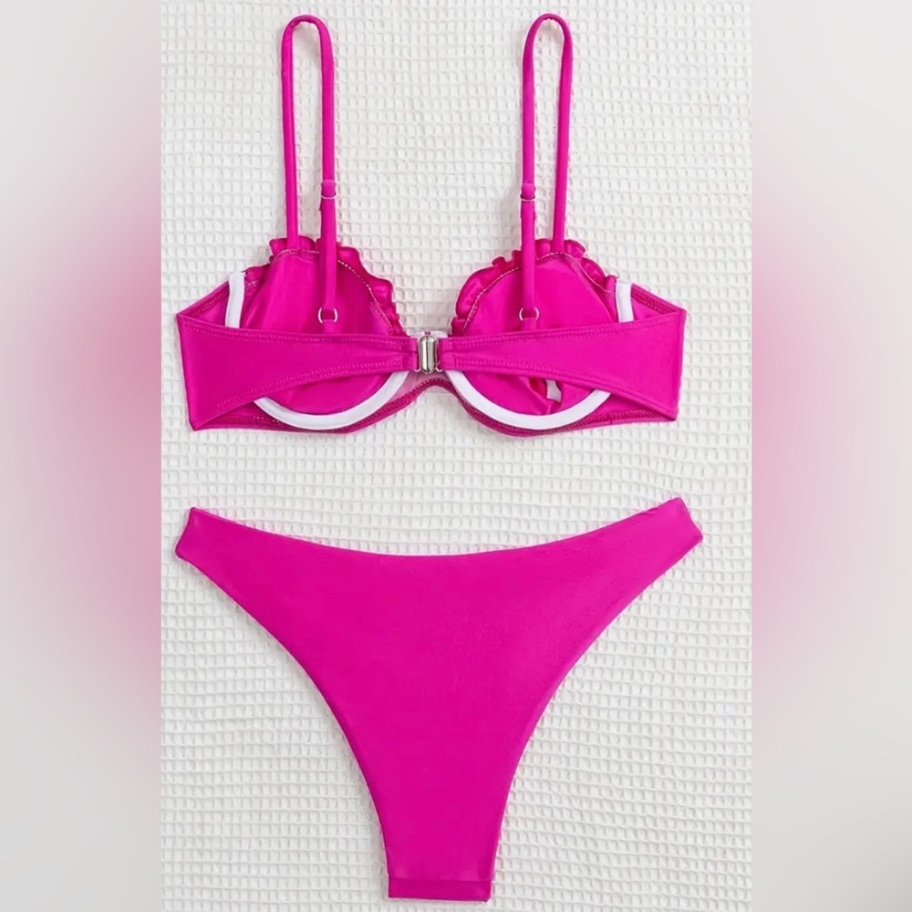 Pink Ruffle Trim Underwire High Cut Bikini Set - Picture 5 of 8